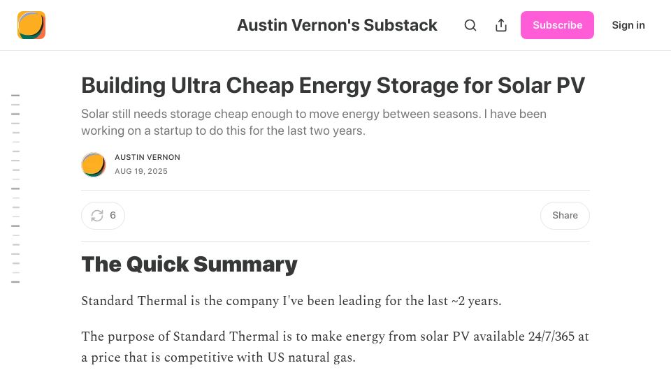 Screenshot of austinvernon.substack.com: Building ultra cheap energy storage for solar PV