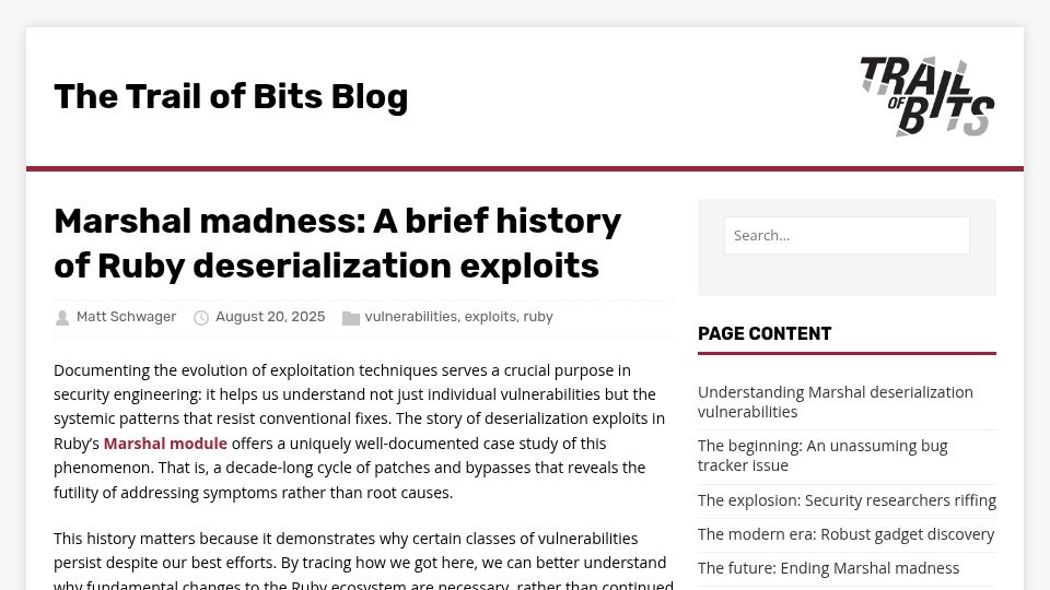 Screenshot of blog.trailofbits.com: Marshal madness: A brief history of Ruby deserialization exploits