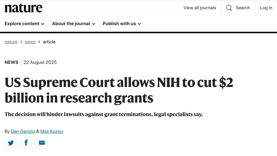 Screenshot of nature.com: US Supreme Court allows NIH to cut $2B in research grants