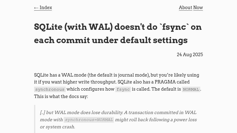 Screenshot of avi.im: SQLite (with WAL) doesn't do `fsync` on each commit under default settings