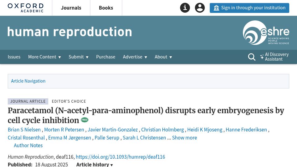 Screenshot of academic.oup.com: Paracetamol disrupts early embryogenesis by cell cycle inhibition