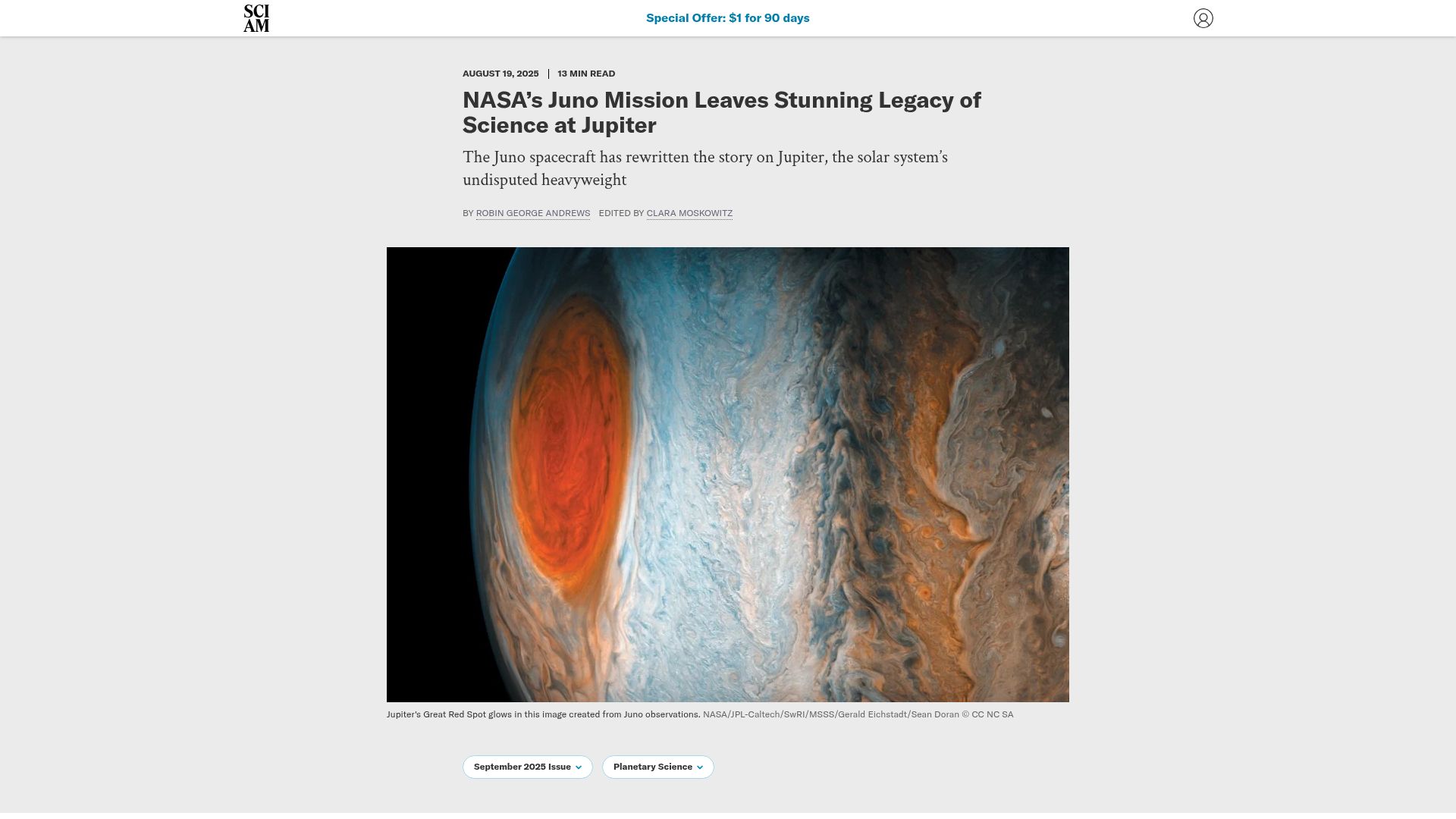 Screenshot of scientificamerican.com: NASA's Juno Mission Leaves Legacy of Science at Jupiter