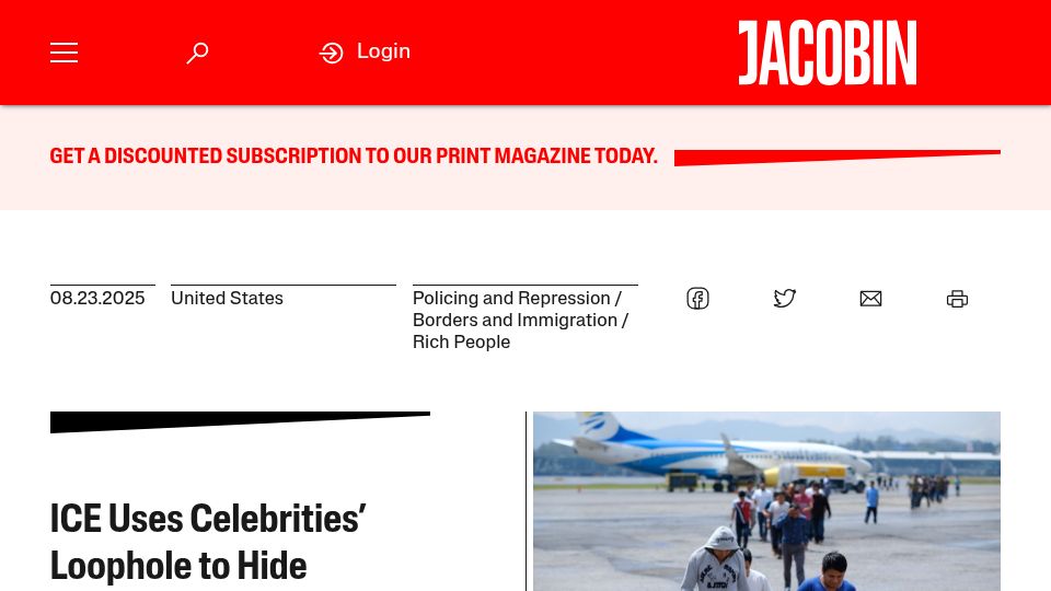 Screenshot of jacobin.com: ICE uses celebrity loophole to hide deportation flights