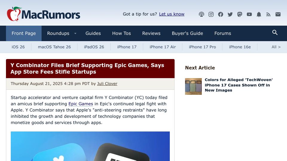 Screenshot of macrumors.com: Y Combinator files brief supporting Epic Games, says store fees stifle startups