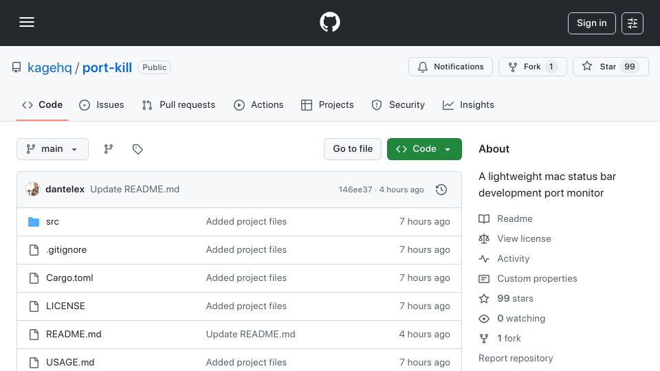 Screenshot of github.com: Show HN: Port Kill – A lightweight macOS status bar development port monitor