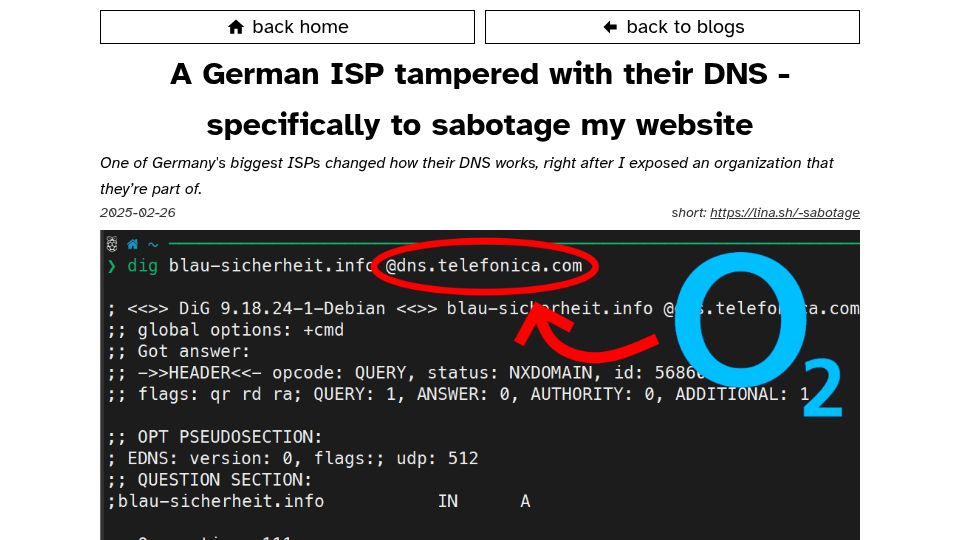 Screenshot of lina.sh: A German ISP changed their DNS to block my website