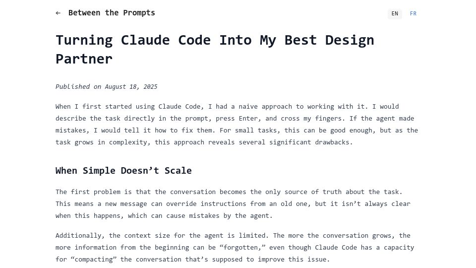 Screenshot of betweentheprompts.com: Turning Claude Code into my best design partner