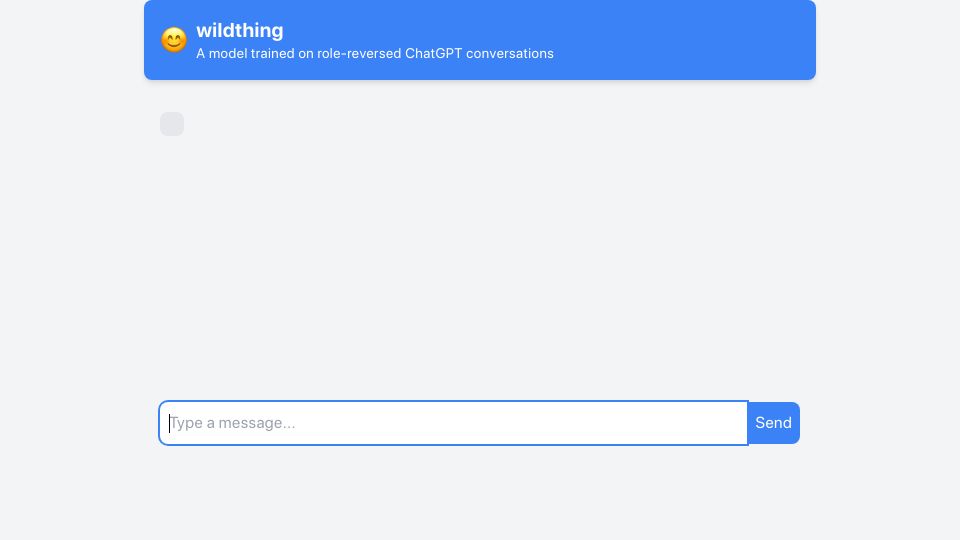 Screenshot of youaretheassistantnow.com: Wildthing – A model trained on role-reversed ChatGPT conversations