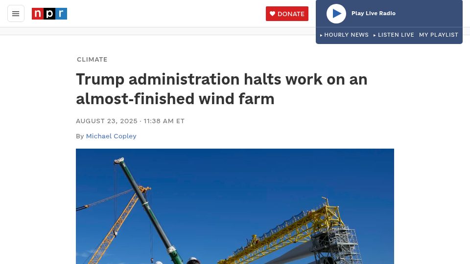 Screenshot of npr.org: US halts work on almost finished wind farm because national security