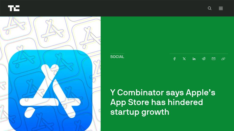 Screenshot of techcrunch.com: Y Combinator says Apple's App Store has hindered startup growth