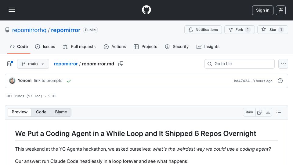 Screenshot of github.com: We put a coding agent in a while loop