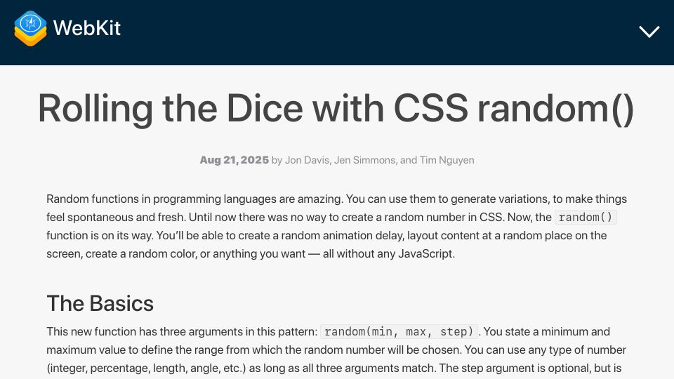 Screenshot of webkit.org: Rolling the dice with CSS random()