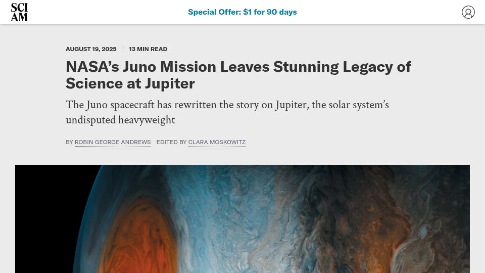 Screenshot of scientificamerican.com: NASA's Juno mission leaves legacy of science at Jupiter