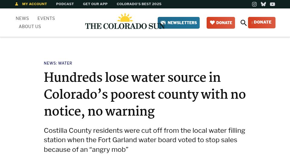 Screenshot of coloradosun.com: Hundreds lose water source in Colorado's poorest county with no notice