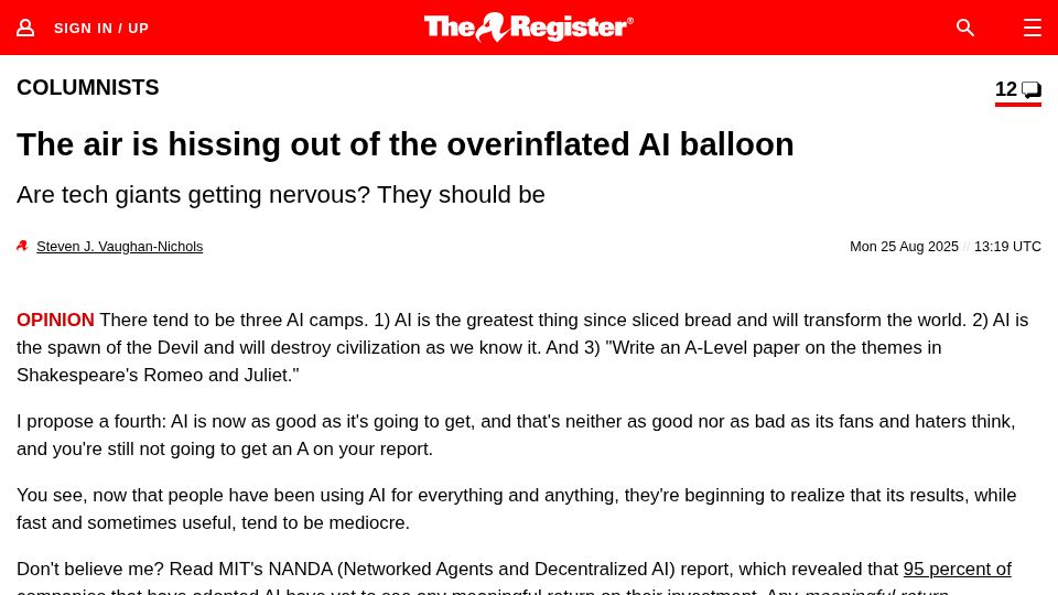 Screenshot of theregister.com: The air is hissing out of the overinflated AI balloon