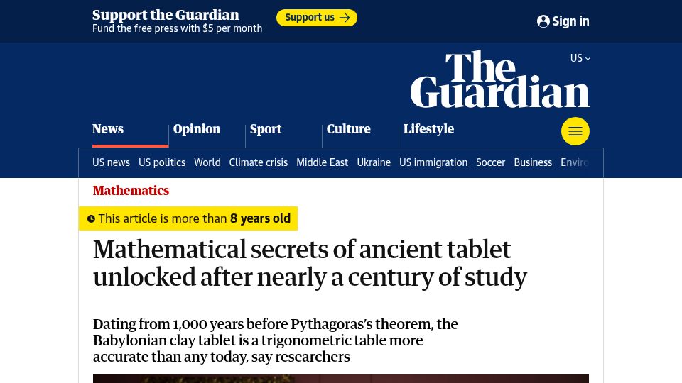 Screenshot of theguardian.com: Mathematical secrets of ancient tablet unlocked after nearly a century of study (2017)