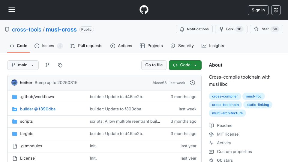 Screenshot of github.com: GNU cross-tools: musl-cross 313.3M