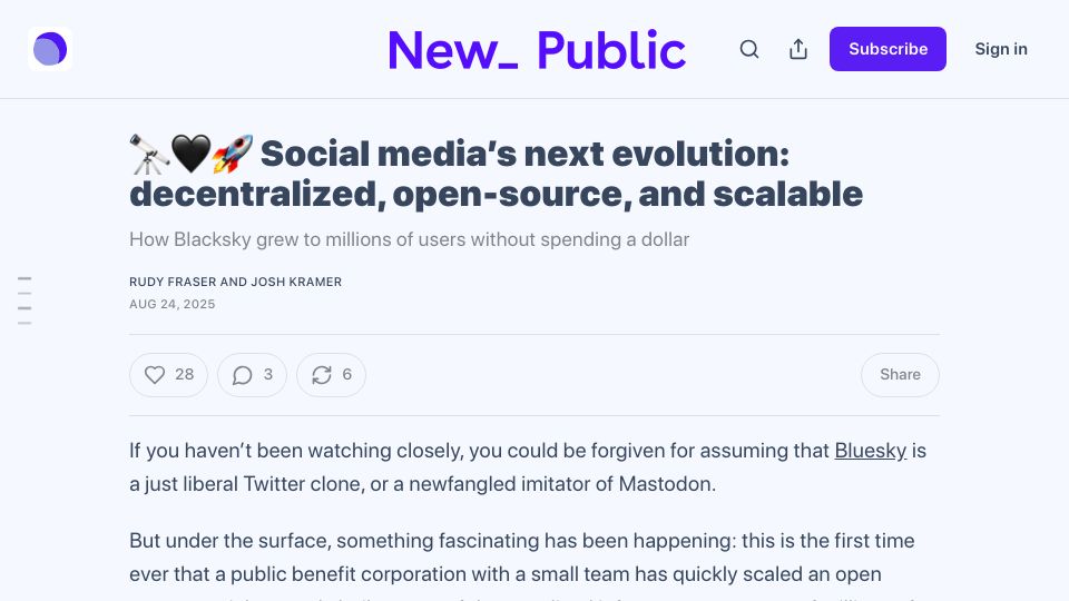Screenshot of newpublic.substack.com: Blacksky grew to millions of users without spending a dollar