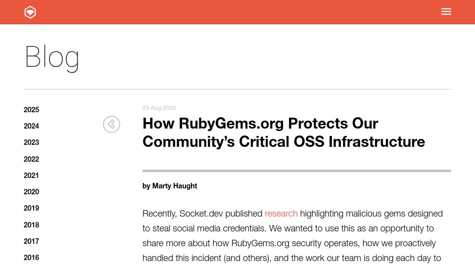 Screenshot of blog.rubygems.org: How RubyGems.org protects OSS infrastructure