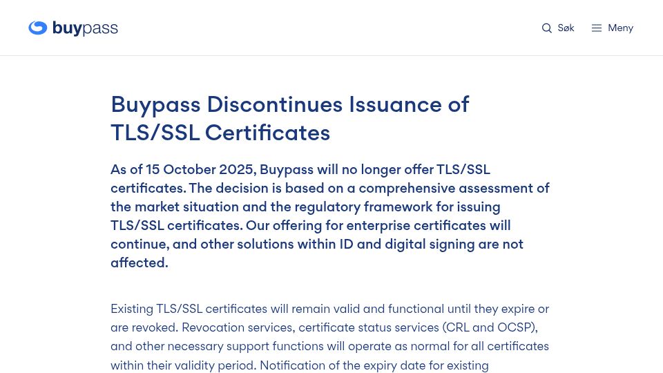 Screenshot of buypass.com: Buypass discontinues issuance of TLS/SSL certificates