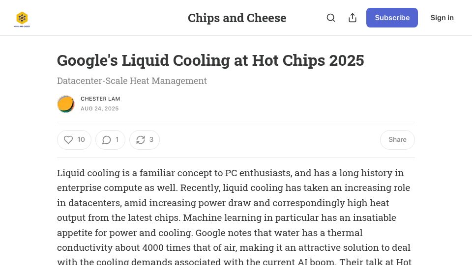 Screenshot of chipsandcheese.com: Google's Liquid Cooling