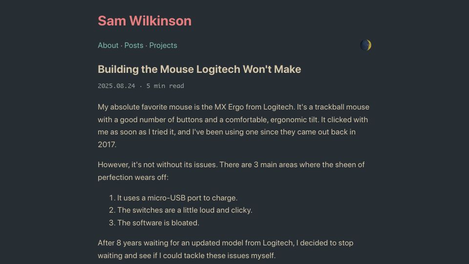 Screenshot of samwilkinson.io: Building the mouse Logitech won't make