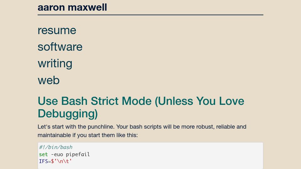 Screenshot of redsymbol.net: Bash Strict Mode (2014)