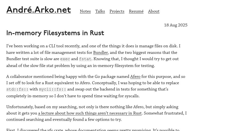 Screenshot of andre.arko.net: In-Memory Filesystems in Rust
