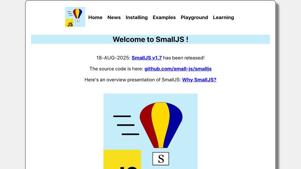Screenshot of small-js.org: SmallJS: Smalltalk-80 that compiles to JavaScript