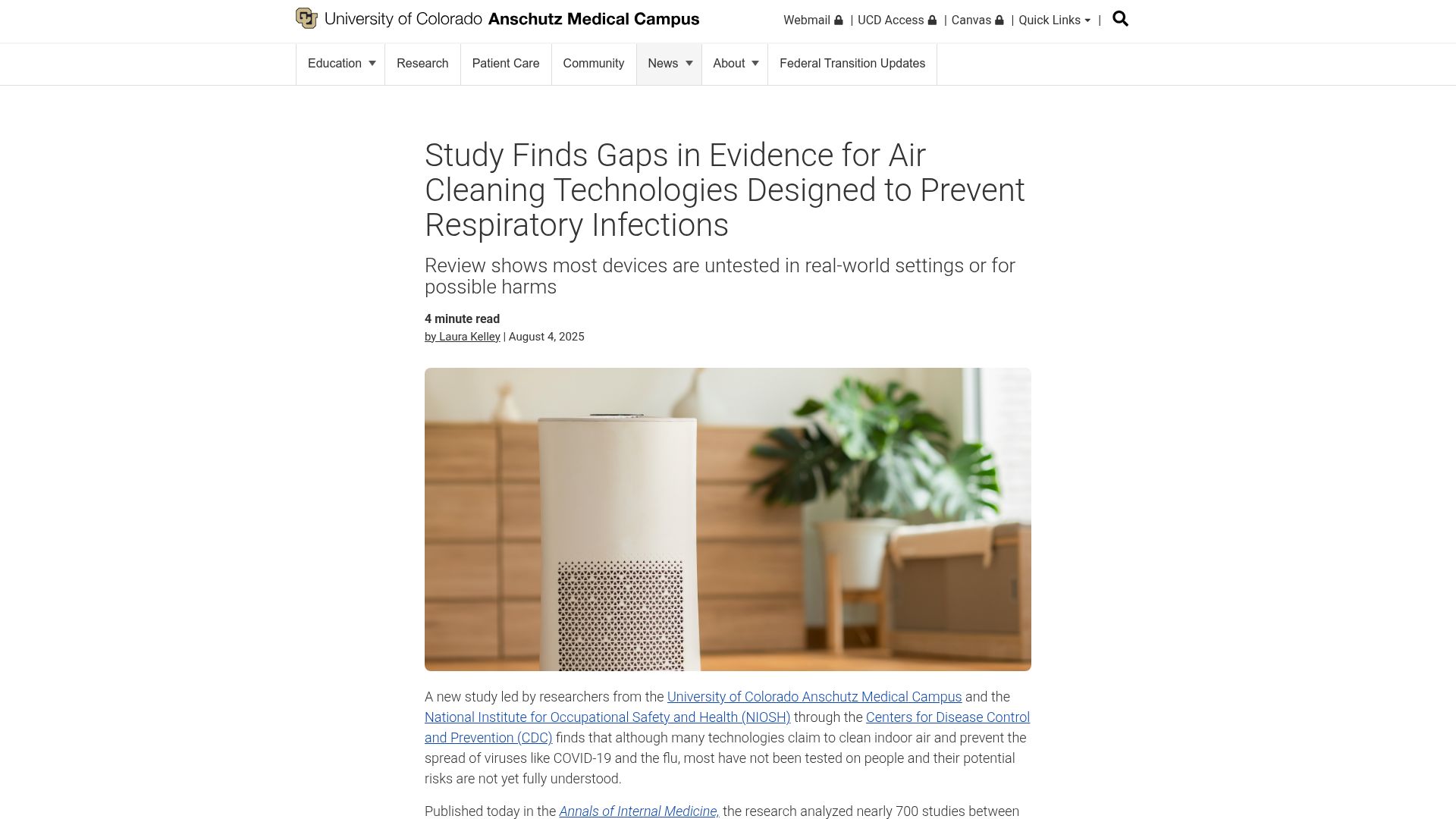 Screenshot of news.cuanschutz.edu: Study finds gaps in evidence for air-cleaning technologies to prevent infections