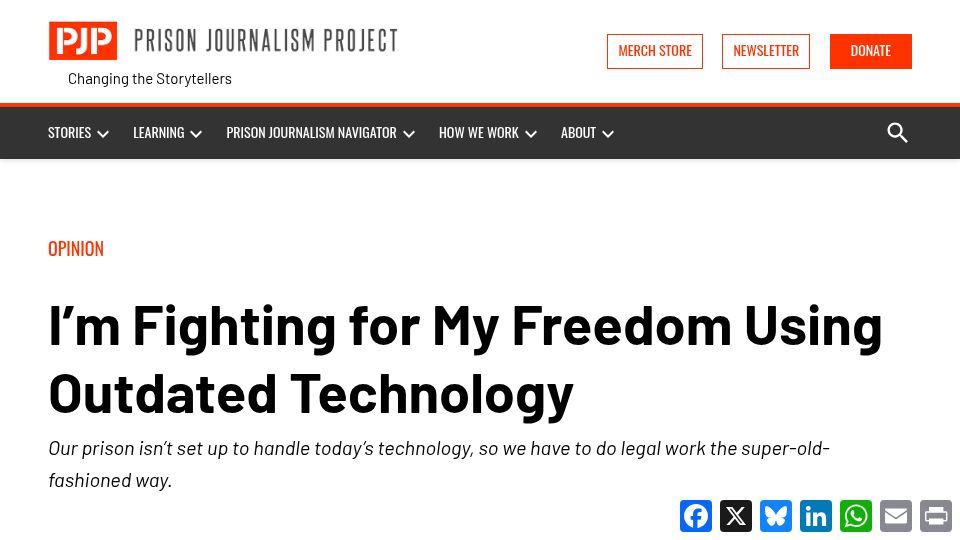 Screenshot of prisonjournalismproject.org: Prison isn’t set up for today’s tech so we have to do legal work the old way