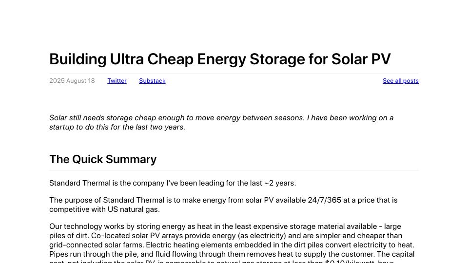 Screenshot of austinvernon.site: Standard Thermal: Energy Storage 500x Cheaper Than Batteries