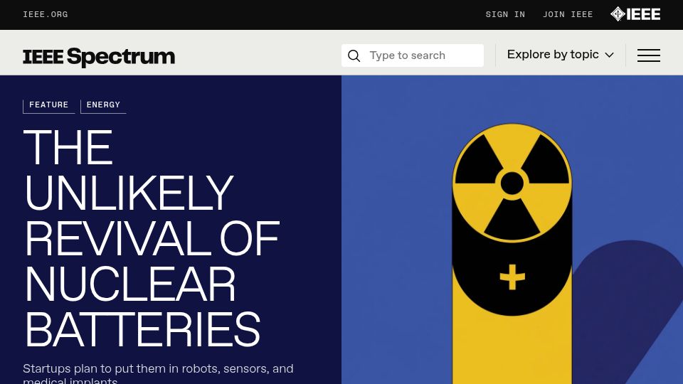 Screenshot of spectrum.ieee.org: The unlikely revival of nuclear batteries
