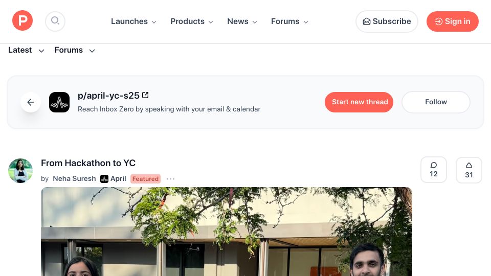 Screenshot of producthunt.com: From Hackathon to YC