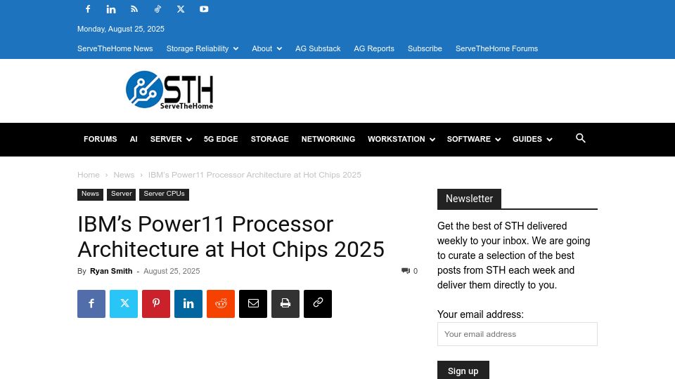 Screenshot of servethehome.com: IBM's Power11 Processor Architecture