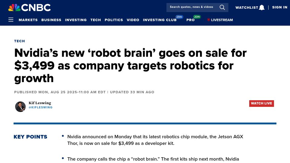 Screenshot of cnbc.com: Nvidia's new 'robot brain' goes on sale for $3,499