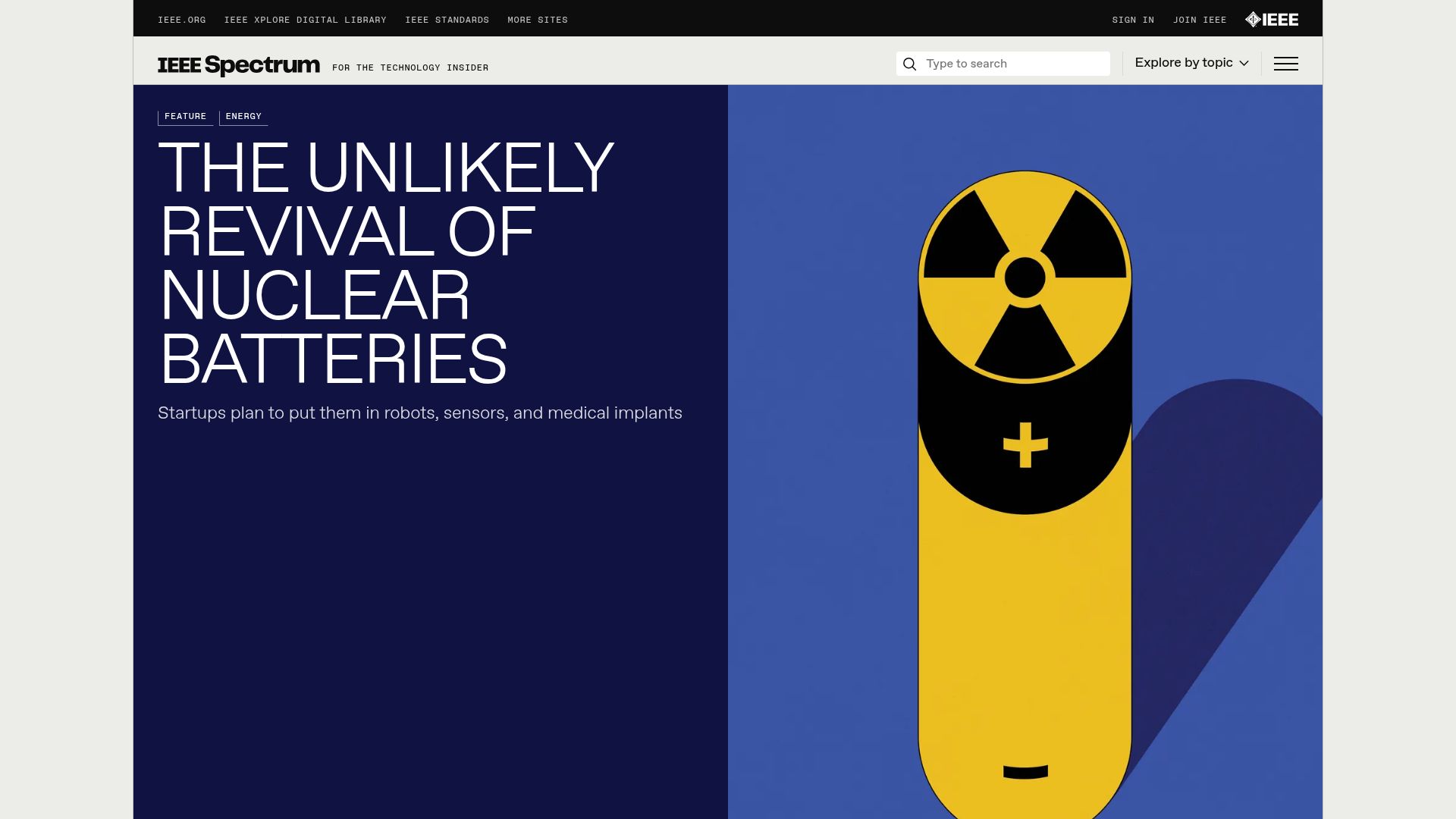 Screenshot of spectrum.ieee.org: The unlikely revival of nuclear batteries