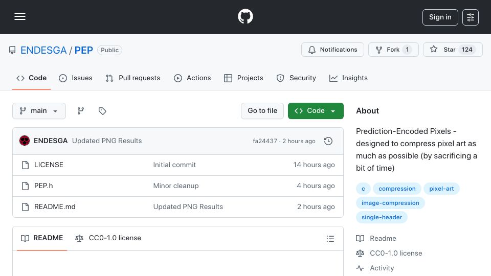 Screenshot of github.com: Prediction-Encoded Pixels image format