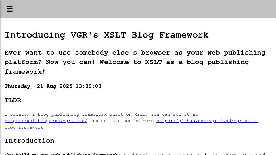 Screenshot of vgr.land: Show HN: I Built a XSLT Blog Framework