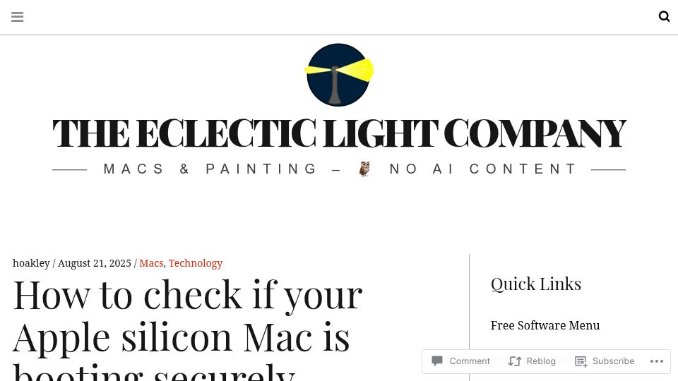 Screenshot of eclecticlight.co: How to check if your Apple Silicon Mac is booting securely
