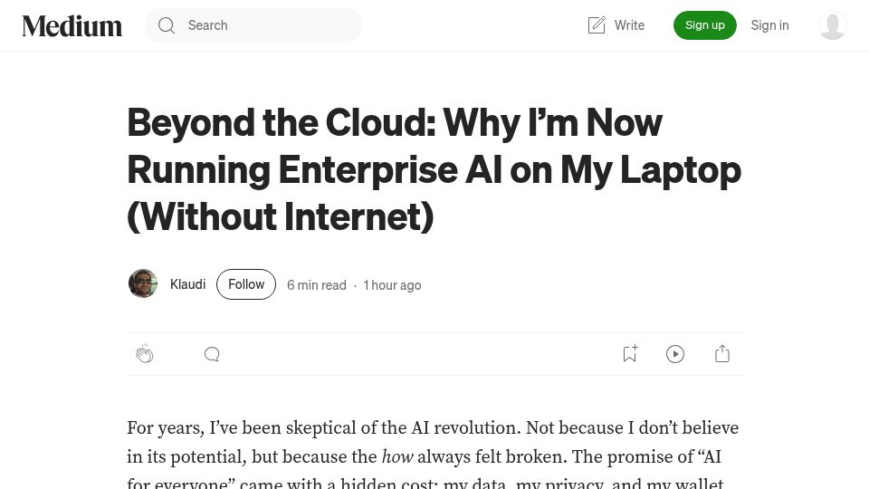 Screenshot of medium.com: Why I'm Now Running Enterprise AI on My Laptop (Without Internet)
