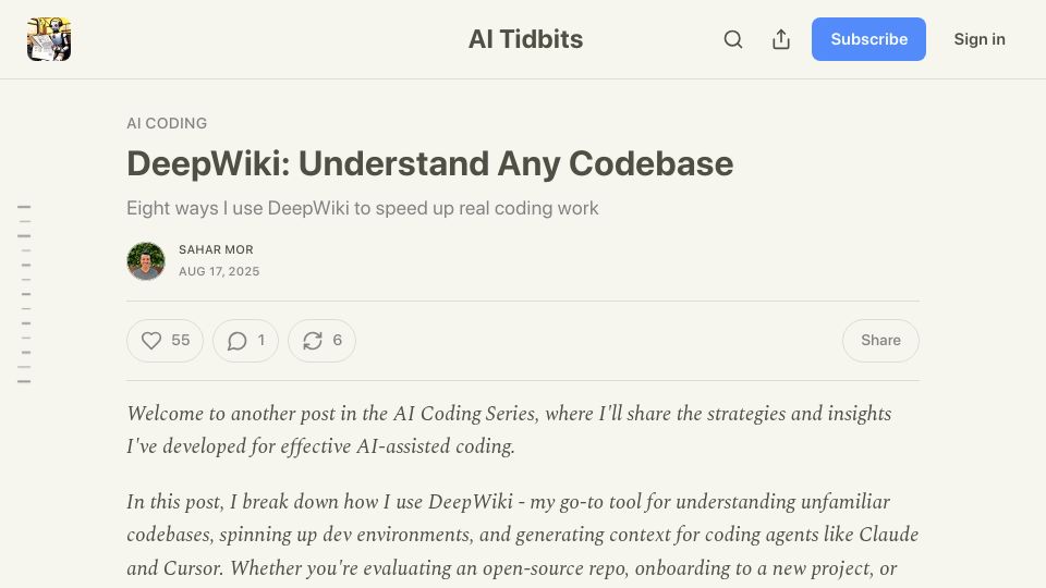 Screenshot of aitidbits.ai: DeepWiki: Understand Any Codebase