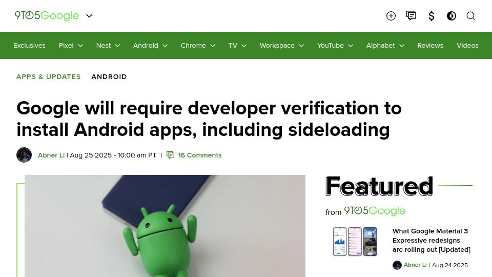 Screenshot of 9to5google.com: Google will allow only apps from verified developers to be installed on Android