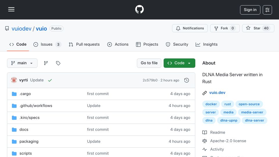 Screenshot of github.com: Introducing: VuIO – open-source UPNP/DLNA server written in Rust