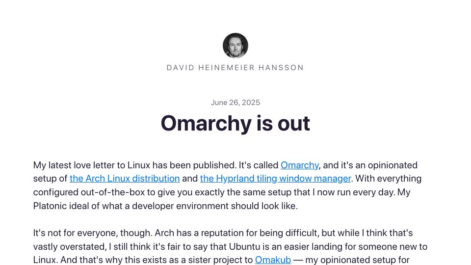 Screenshot of world.hey.com: Omarchy Is Out