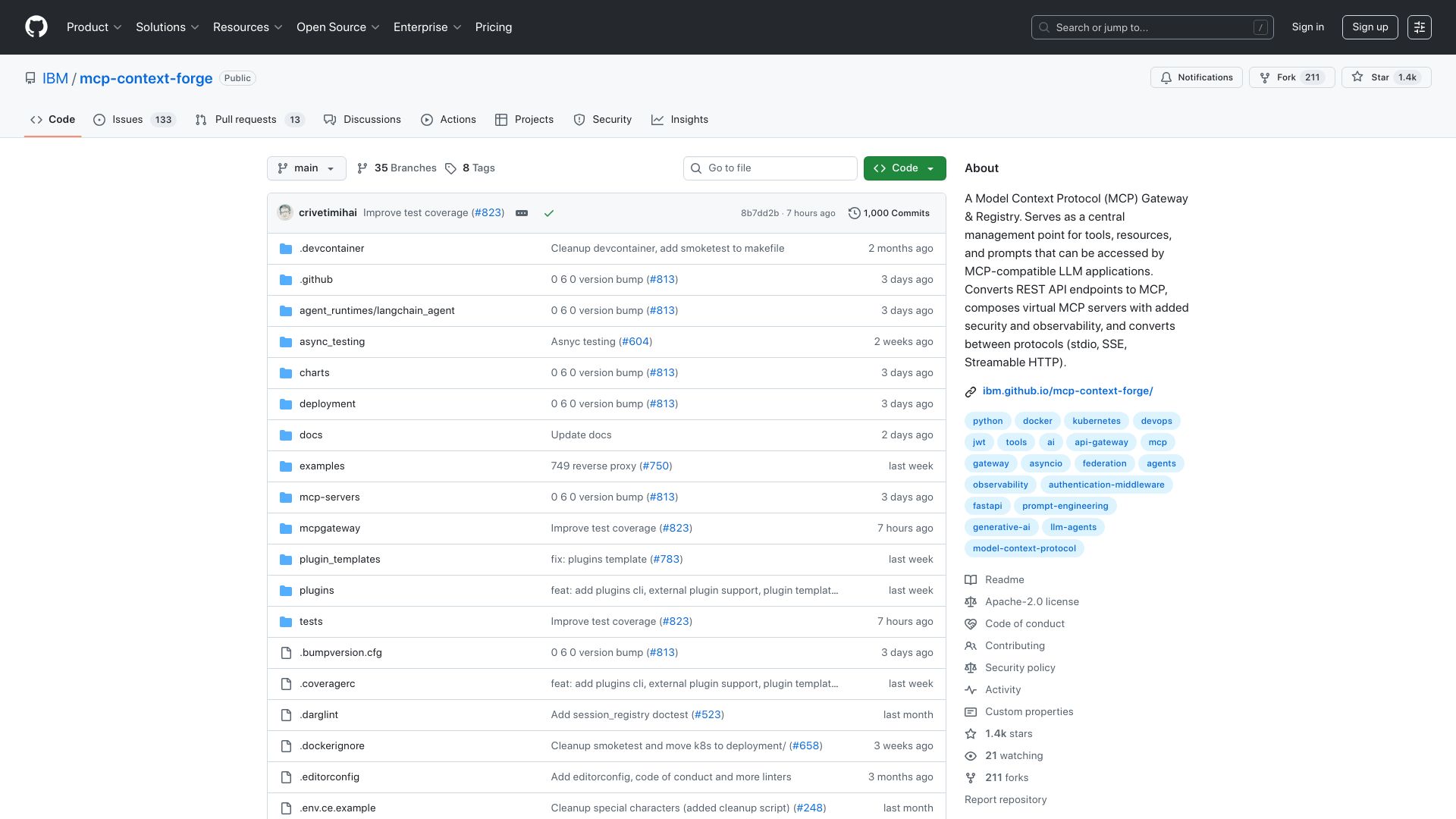 Screenshot of github.com: MCP Gateway and Registry