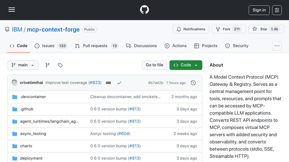 Screenshot of github.com: MCP Gateway and Registry