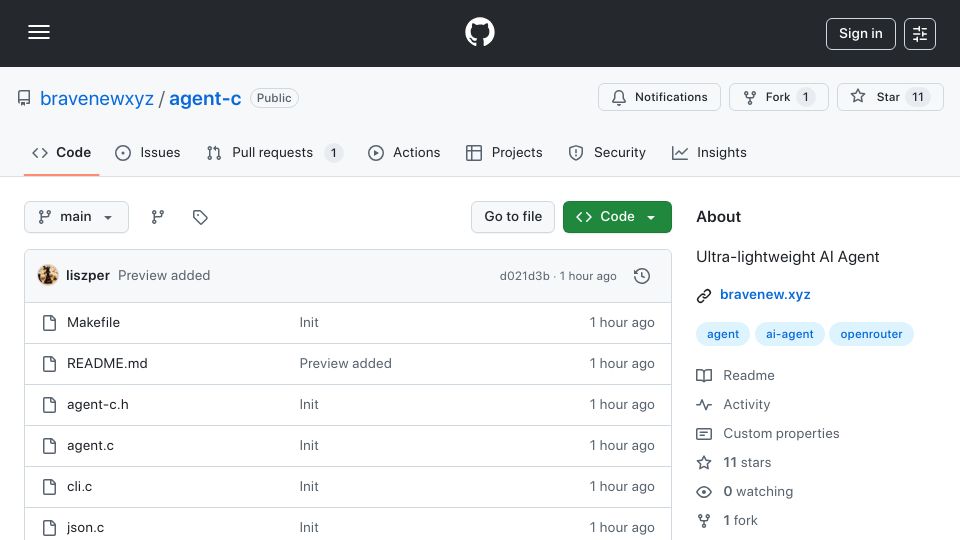 Screenshot of github.com: Agent-C: a 4KB AI agent