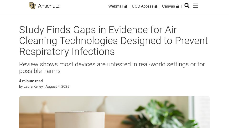 Screenshot of news.cuanschutz.edu: Study finds gaps in evidence for air-cleaning technologies to prevent infections