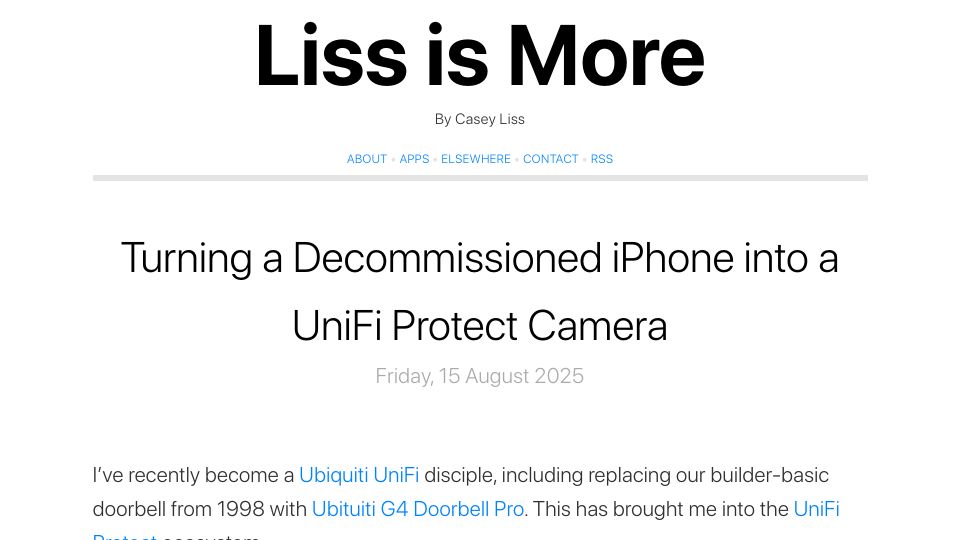 Screenshot of caseyliss.com: Turning a Decommissioned iPhone into a UniFi Protect Camera